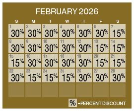 Image of discount rate calendar for Grand Sierra Resort Winter Resort Sale in February 2026.