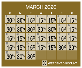 Image of discount rate calendar for Grand Sierra Resort ‌Winter Resort Sale in March 2026.