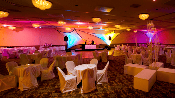 Crystal Ballroom with color dinner setup.