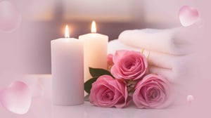 Spa Valentines Special relaxing image of pink roses illuminated by scented candles.