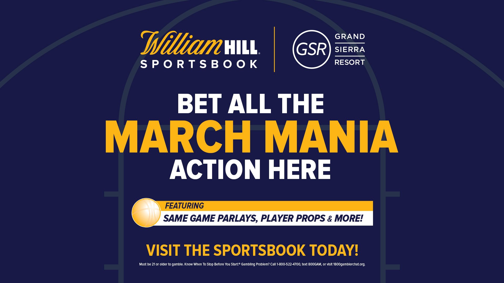 Promotional add for William Hill Sportsbook for the Bet All The March Mania action here at GSR.