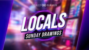 Gaming promotion with text, Locals Sunday Drawing with a background of motion blurred slot machines.