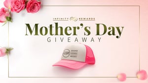 A pink baseball hat with text, Mother's Day Giveaway.