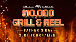 $10,000 Grill and Reel Father's Day Slot Tournament promotion with flame grill background.